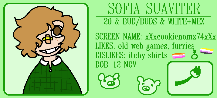 A green card. It reads SOFIA SUAVITER. 20 + BUD/BUDS + WHITE & MEXICAN. SCREEN NAME: xXxcookienomz74xXx. LIKES: old web games, furries. DISLIKES: itchy shirts. DOB: 12 Nov.